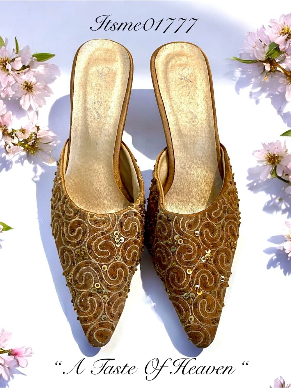 🌸 Gold Sequin Slip-On Mule Kitten Heels - Women
